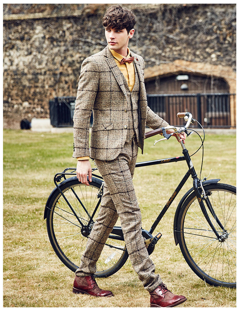 Men's Vintage Leisure 3pcs Tweed Wool Checked Party Wedding Formal Suits Hot Selg Custom Made