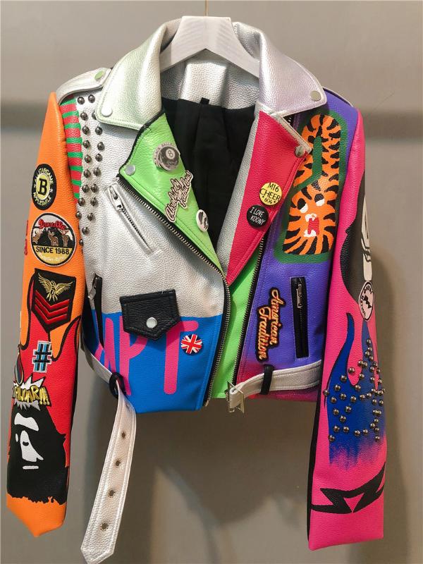 Women Autumn Spring Slim Graffiti Harajuku Faux Leather Jacket Female Fall Punk Rivet Motorcycle Biker PU Short Coat Top Clothes, Silver
Women Autumn Spring Slim Graffiti Harajuku Faux Leather Jacket Female Fall Punk Rivet Motorcycle Biker PU Short Coat Top Clothes, Silver