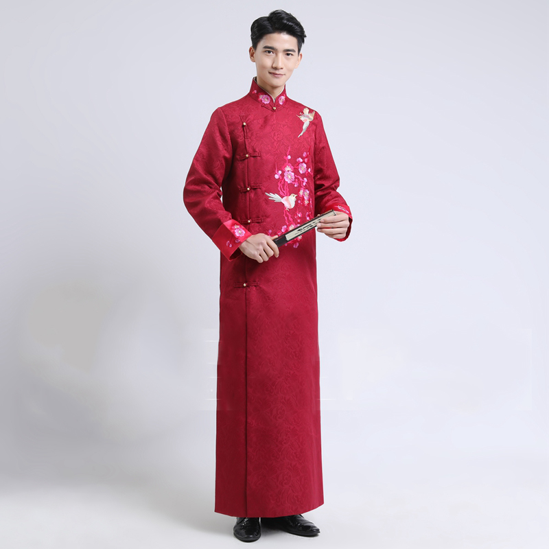 Traditional stand Collar Men ethnic Wedding clothing Bridegroom Embroidered ancient Chinese cheongsam male long gown Vestidos