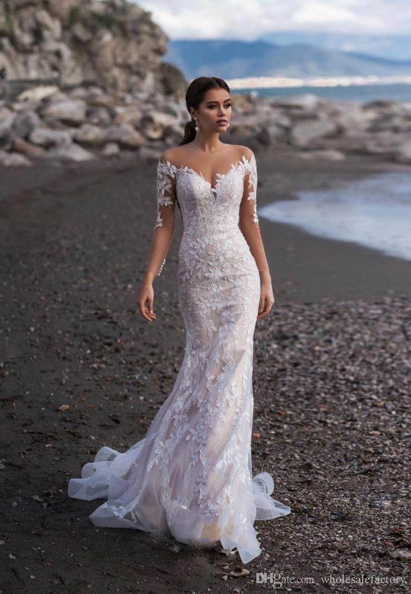 Elegant Long Sleeves Lace Mermaid Wedding Dresses Sheer Tulle Applique Sweep Train Beach Wedding Dress Bridal Gowns With Buttons
