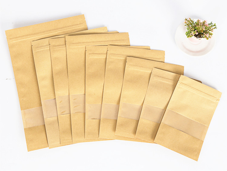 100pcs Flat Bottom Kraft Paper Clear Window Zip Lock Packaging Bag Resealable Biscuits Coffee Powder Snack Candy Cereals Heat Sealing Gift Storage Pou