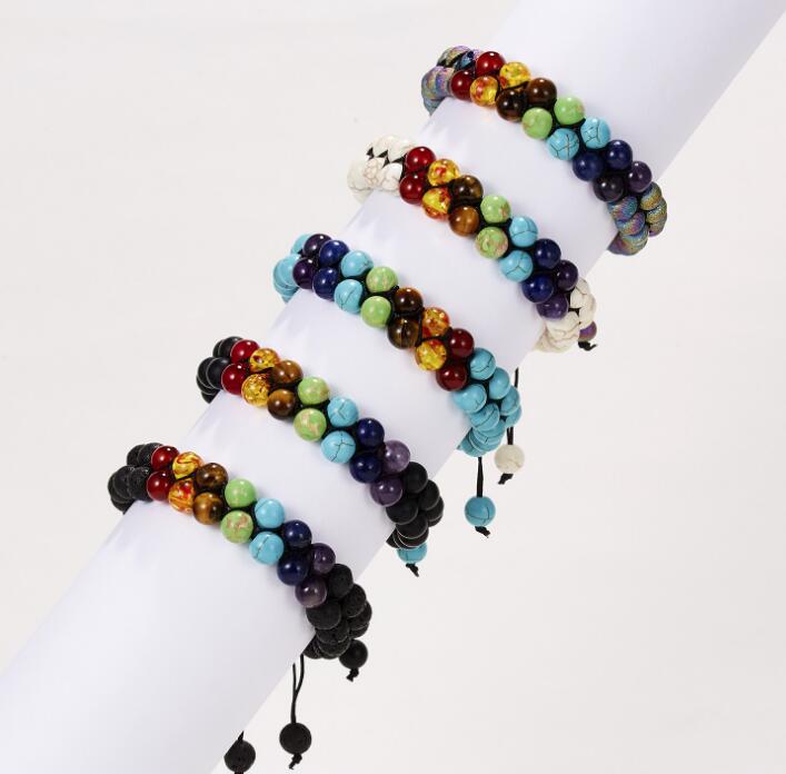 Hot Sale Beaded Bracelet 8mm Seven Chakra Natural Stone Double Weave Adjustable Yoga Bracelet WY539