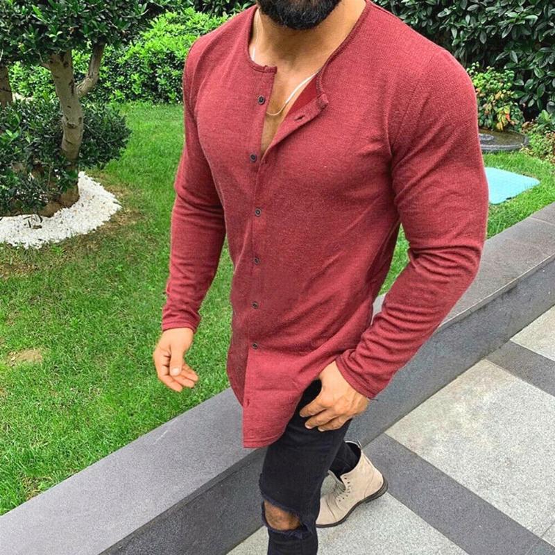 Men's Slim Fit V-Neck Long Sleeve Muscle Tee - Polyester, Casual Solid Color T-Shirt, Black, White, Khaki, Bury B1