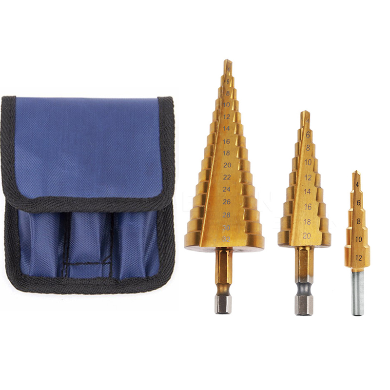 3pcs/set Hss Step Cone Drill Bit Titanium Coated Hole Cutter for Meter Wood Metric 4-12/20/32mm
3pcs/set Hss Step Cone Drill Bit Titanium Coated Hole Cutter for Meter Wood Metric 4-12/20/32mm