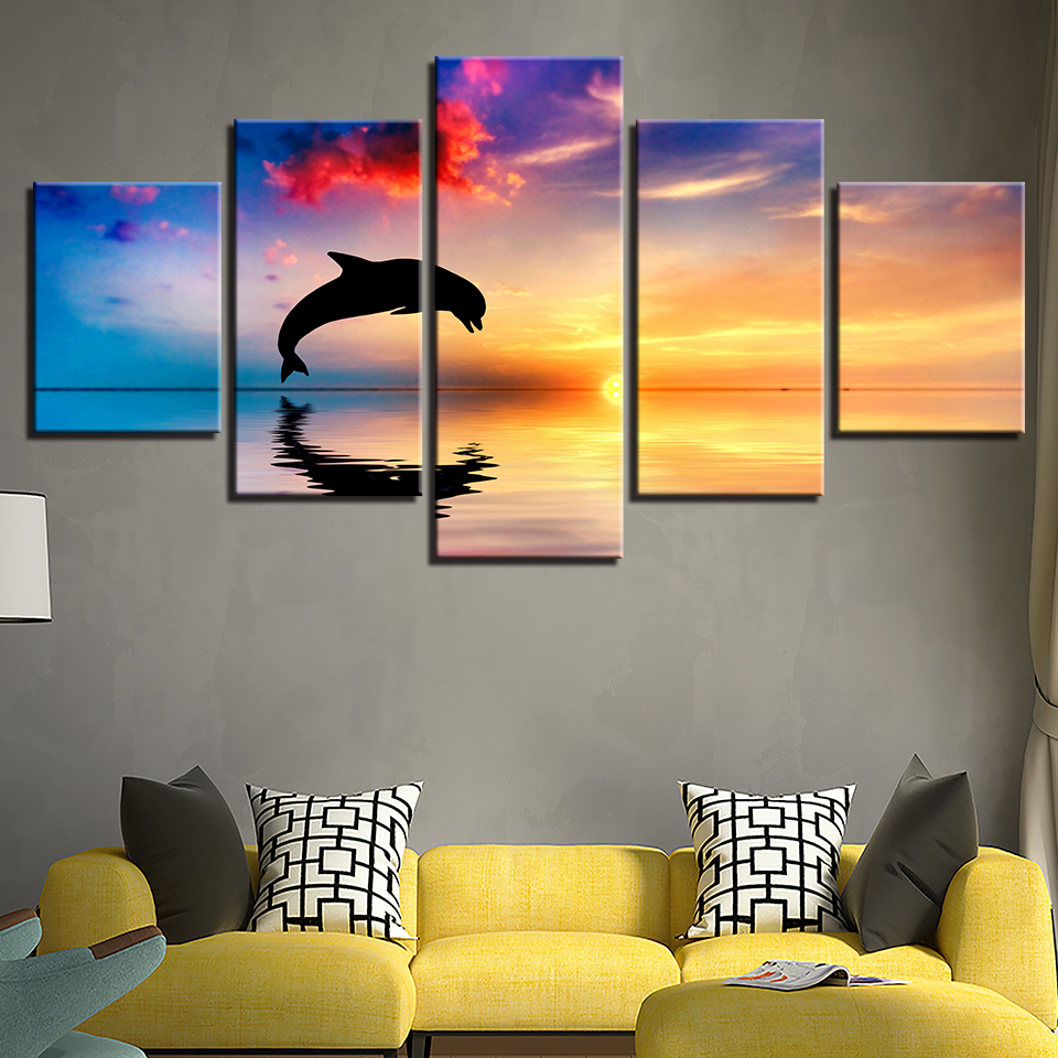 Canvas HD Prints Pictures Living Room Wall Art 5 Pieces Dolphins Swim Jump Paintings Home Decor Sunset Seascape Poster No Frame
