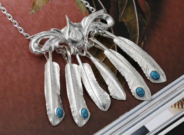 Brand new 925 sterling silver jewelry vintage Japanese style antique silver hand-made designer feather pendants necklaces for men