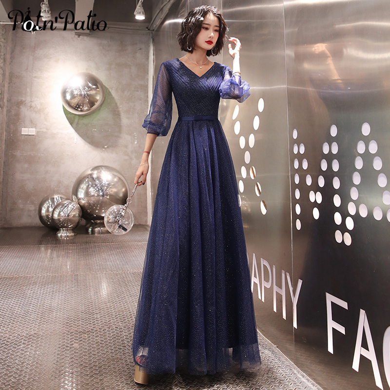 Sparkly Glitter Navy Blue Women Evening Gowns Long Elegant V-neck A-line Floor-length Pleated Tulle Prom Dresses With 3/4 Sleeve
Sparkly Glitter Navy Blue Women Evening Gowns Long Elegant V-neck A-line Floor-length Pleated Tulle Prom Dresses With 3/4 Sleeve