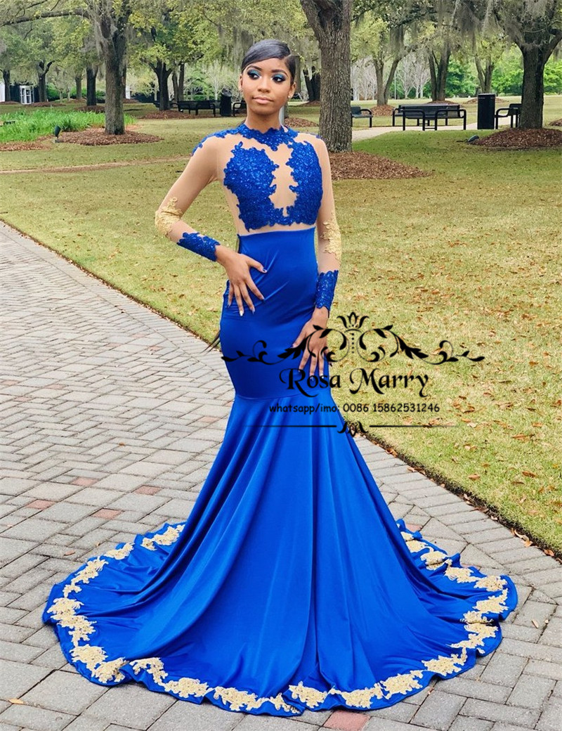 Sexy Royal Blue Mermaid Prom Dresses 2k19 Gold Lace Appliques Long Sleeves Sequined Beaded 2019 African Arabic Girls Graduation Gowns
