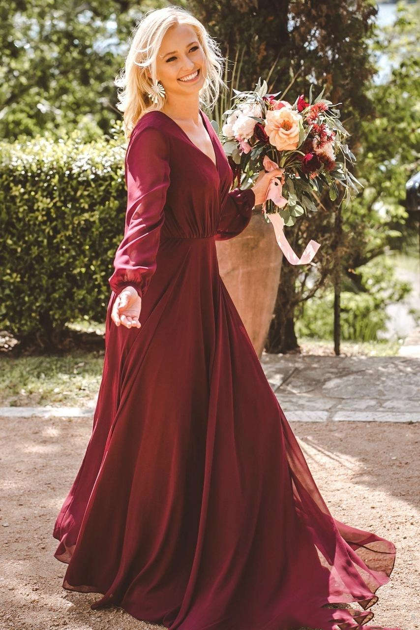 Romantic Bohemian Bridesmaid Long Sleeve Boho Wedding Guest Dress Chiffon Gowns Maid Of Honor Dresses For Weddings V Neck Plus Size 0510