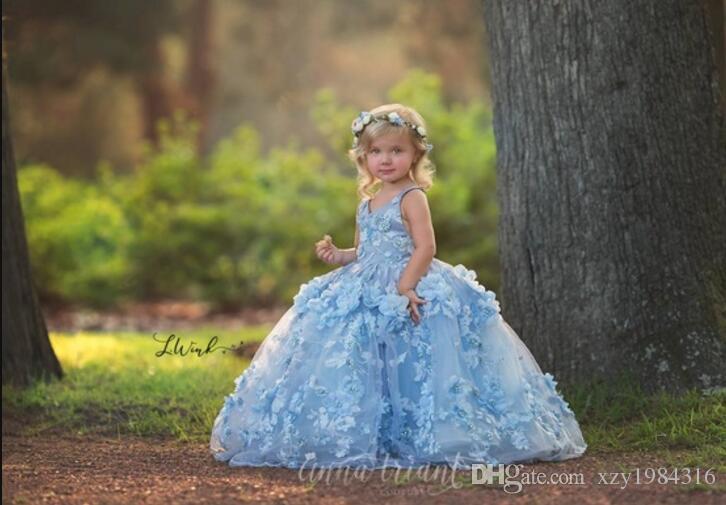 Lovely Blue Flower Girls Dresses V Neck Beads Handmade Flowers Toddlers Pageant Dress Floor Length Princess Party Gowns For Wedding