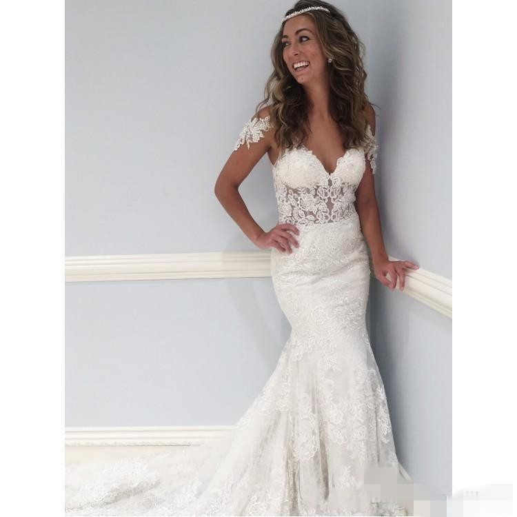 Mermaid Dresses Lace Applique Capped Sleeves V Neck Chapel Train Backless Custom Made Wedding Bridal Gowns Plus Size