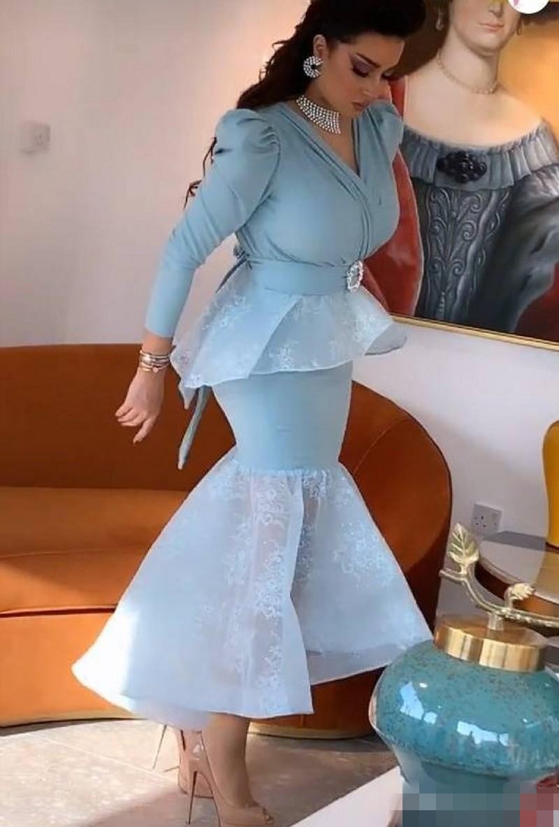 Blue Mermaid Light Arabic Evening Dresses Tea Length V Neck Peplumn Crystal Custom Made Long Sleeves Prom Party Gown Formal Ocn Wear