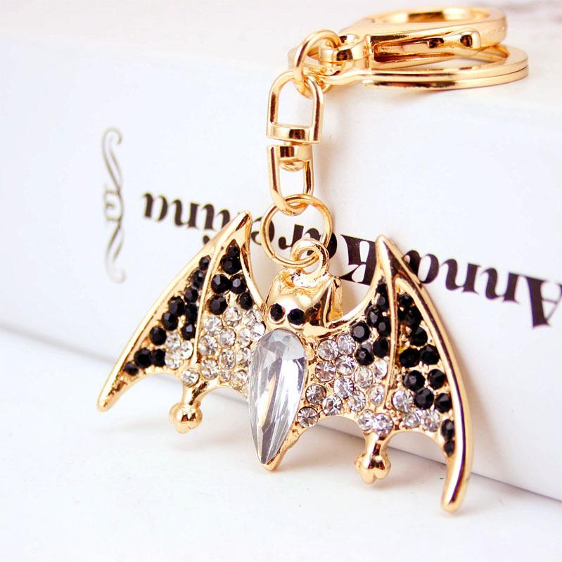 Crystal Rhinestone Key Ring Holder Alloy Animal Bat Pendant Key Chain Gold Tone Lobster Clasp Car Accessories Female Bag Charm Keychain