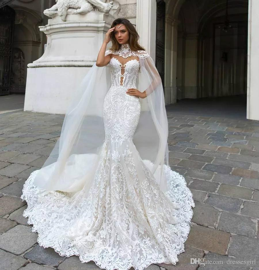 Dubai Arabic New Mermaid Dresses High Jewel Neck Button Court Train Bridal Gowns Wedding Vestidos De Noiva Formal Dress