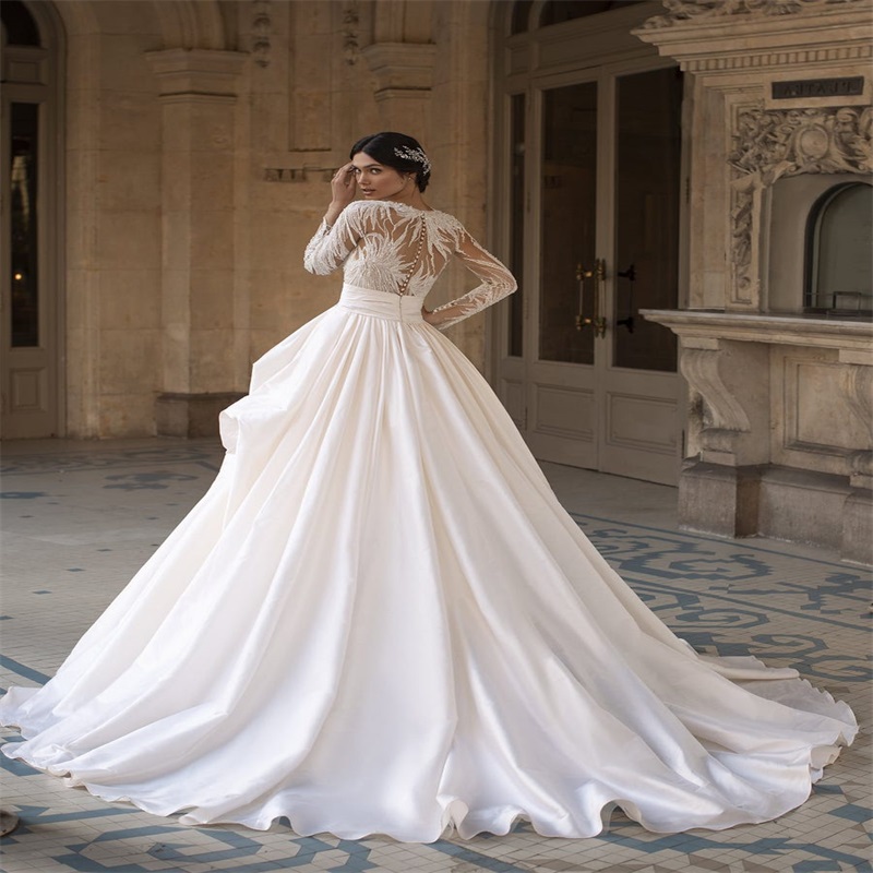 Newest Gorgeous Long Sleeves Wedding Dresses Illusion Sequins Beaded Appliqued Chapel Bridal Gown Ruched Satin Custom Made Vestidos De Novia
