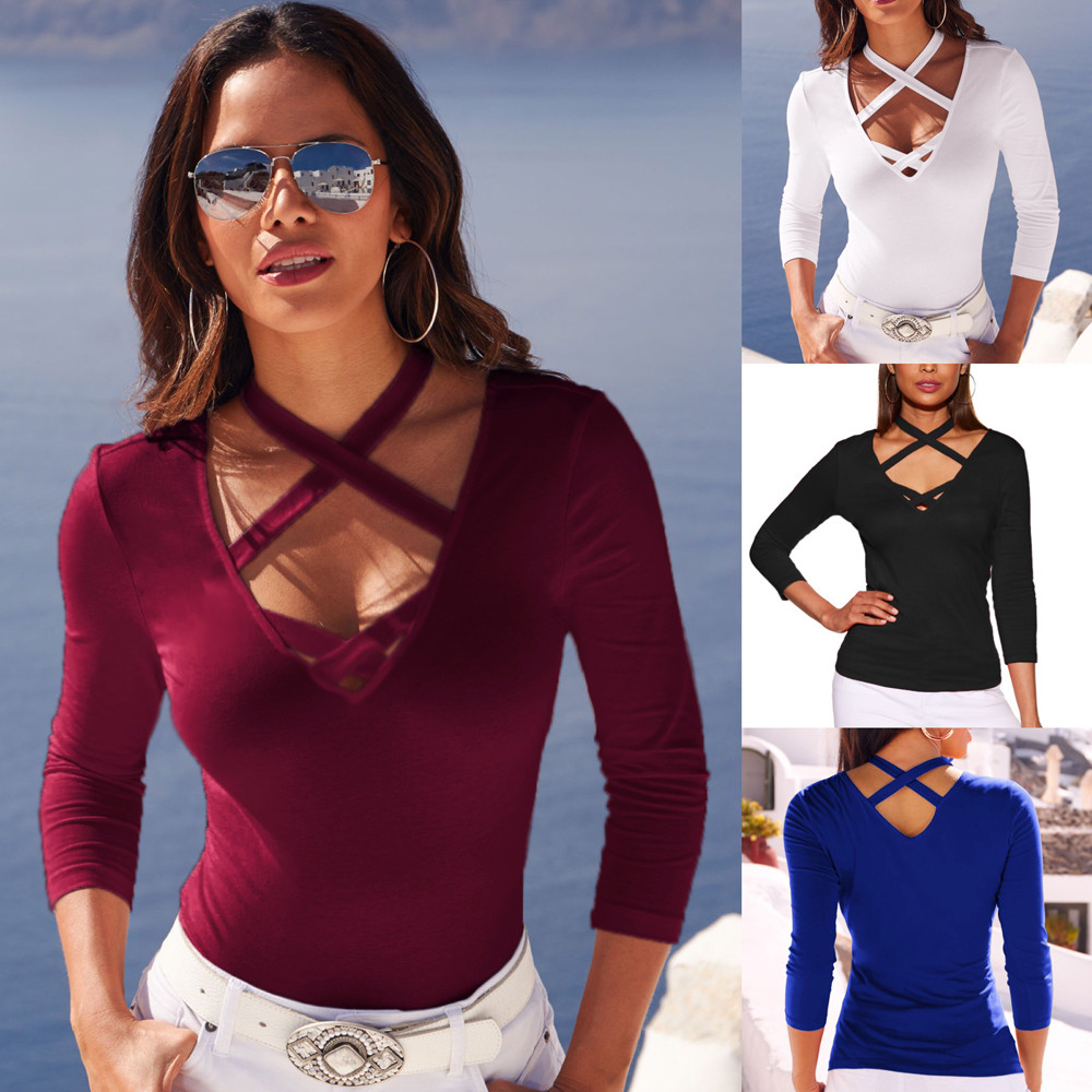 2020 Fashion T Shirt Women Ladies Sexy V-Neck Tops Long Sleeve Cross T Shirt Tee female Casual T Shirt