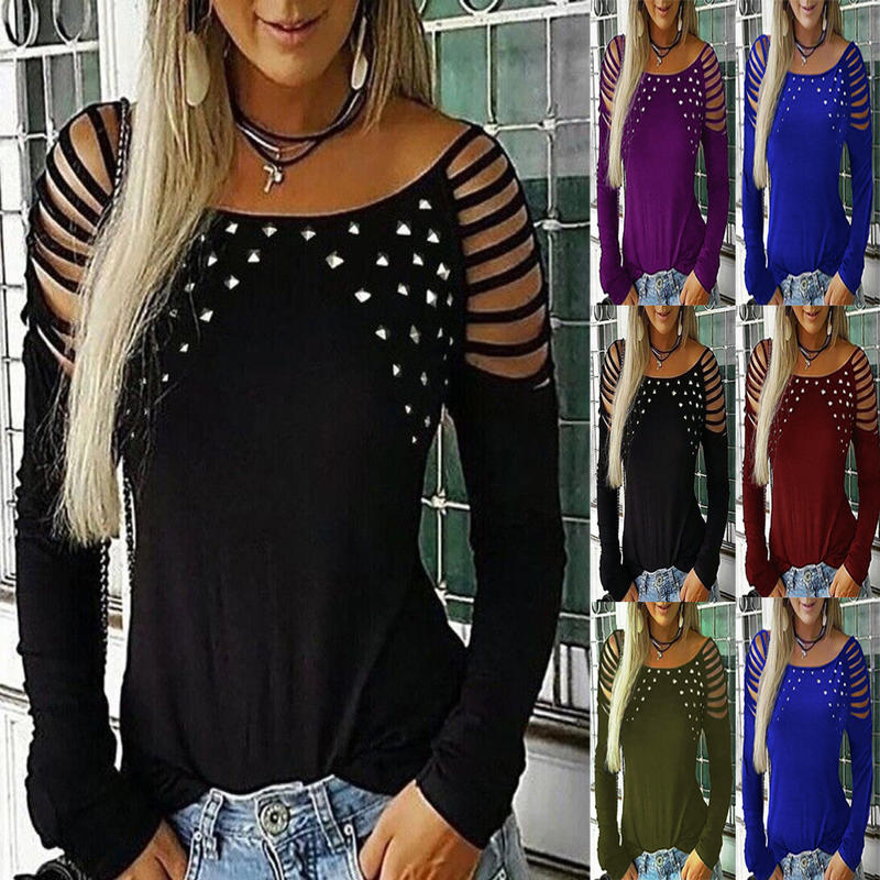 Women's Round Neck T-Shirt Self Drilling Chest Rivet Jumpers Long-Sleeved Shirt, Black
Women's Round Neck T-Shirt Self Drilling Chest Rivet Jumpers Long-Sleeved Shirt, Black