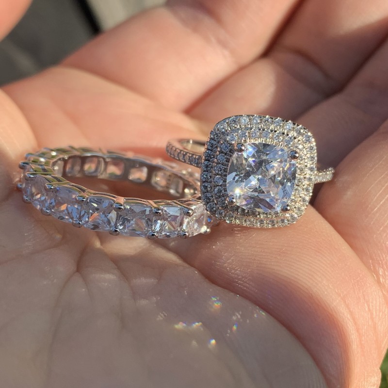 Couple Rings Luxury Jewelry 925 Sterling Silver Cushion Shape White Topaz Pave CZ Diamond Promise Party Women Wedding Bridal Ring Set Gift