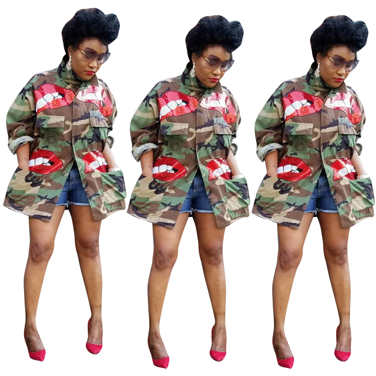 Newest Styles Autumn Women Camouflage Coats Red Sequins Cute Pattern Long Sleeves Big Pockets Fashion Lady Jackets Casual CoatsOutwear 2020, Army green
Newest Styles Autumn Women Camouflage Coats Red Sequins Cute Pattern Long Sleeves Big Pockets Fashion Lady Jackets Casual CoatsOutwear 2020, Army green