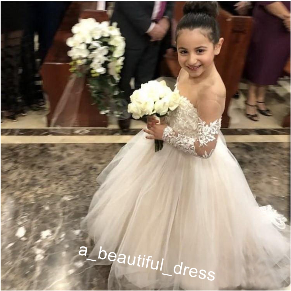 Lace Flower Girl Dresses for Weddings Jewel Neckline Long Sleeves Custom Made Girls Pageant Gowns A-line Kid Birthday Party Dress FG1251