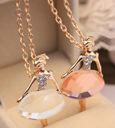 Fashion- Sweater Necklace Girls Boho Bijoux Gold Plated Crystal Ballet Girl Statement Necklaces Pendants For Women Wedding Christmas Gift