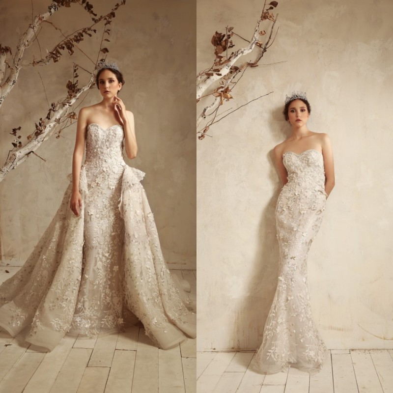 tony ward mermaid wedding dresses with detachable train sweetheart full lace bridal gowns sleeveless custom made wedding dress