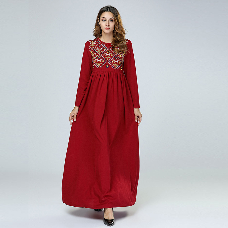 Middle East Afghani Abaya Dubai Red Muslim Dress Flowers Embroidery Kaftan Robe Turkish Islamic Plus Size Clothing Long Dresses