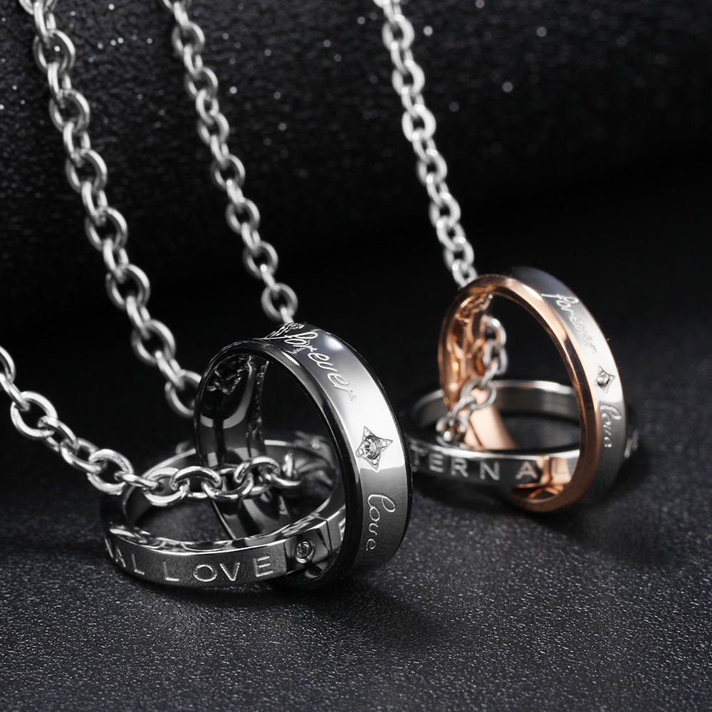 Couple Necklace FOREVER LOVE Lettering Name Double Circle Stainless Steel Pendant Necklaces For Lovers Valentine's Day Gift