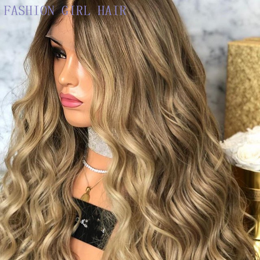 Side part dark roots Ombre blonde brazilian full lace front wig body wave Synthetic Wig Heat Resistant Natural Hairline For White Women