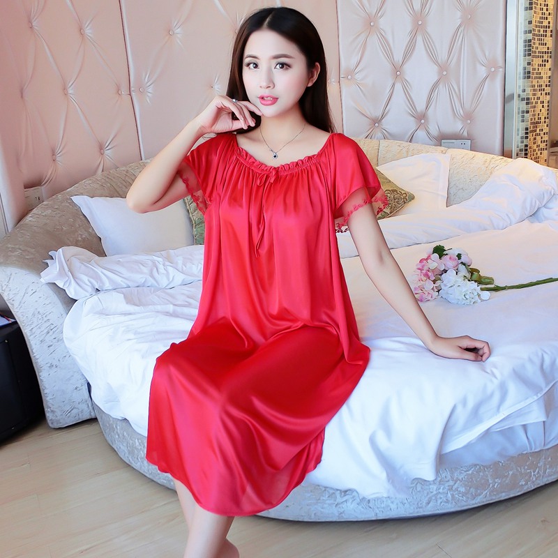 Plus Size Sexy Silk Satin Lace Nightgowns for Women 2019 Summer Short Sleeve Night Dress Sleepwear Nightdress Nightwear Nighty