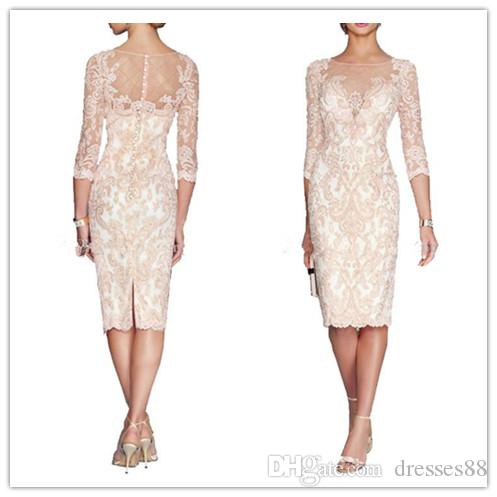 Mother Of The Bride Dresses Knee Length Sheath Appliques Lace Mon Dress Plus Size Formal 3/4 Sleeve Sheer Neck Wedding Party Dress