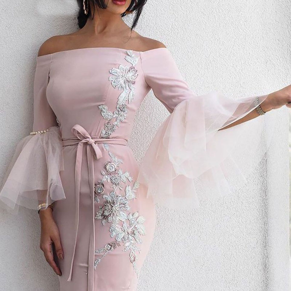 Elegant Robe longue Pink Mermaid Evening Dresses Long Arabic Applique Beaded Evening Gown Robe de soiree