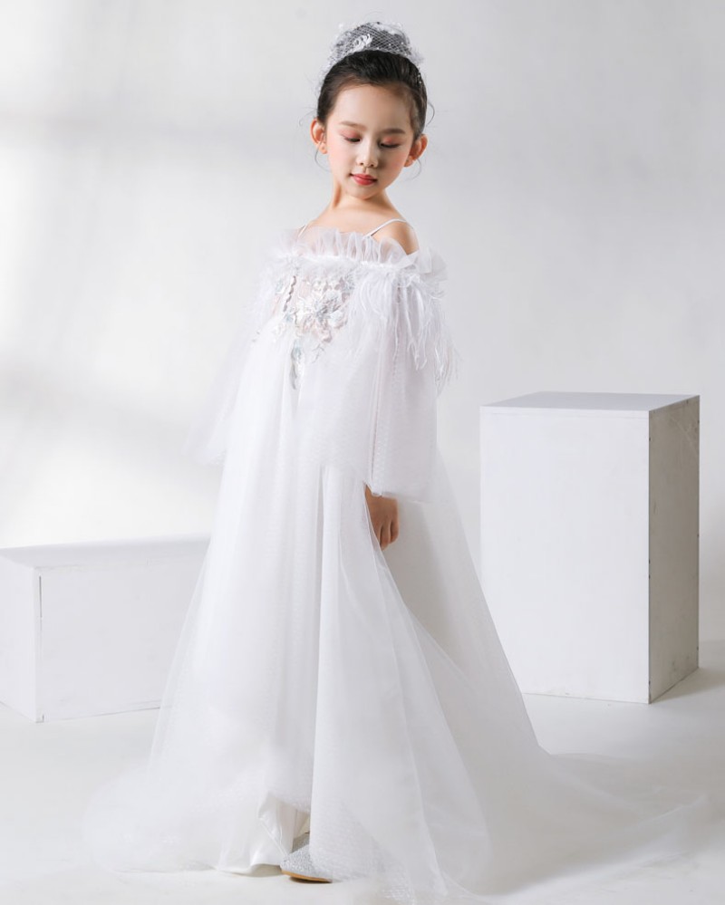 Lovely A Line Flower Girls' Dresses White Spaghetti Tulle Pageant Dresses Applique High Low Chiffon Dress For Wedding
