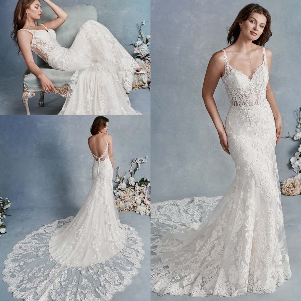 2020 New Elegant Mermaid Wedding Dresses V Neck Lace Appliques Bridal Gowns Illusion Backless Sweep Train Wedding Dress