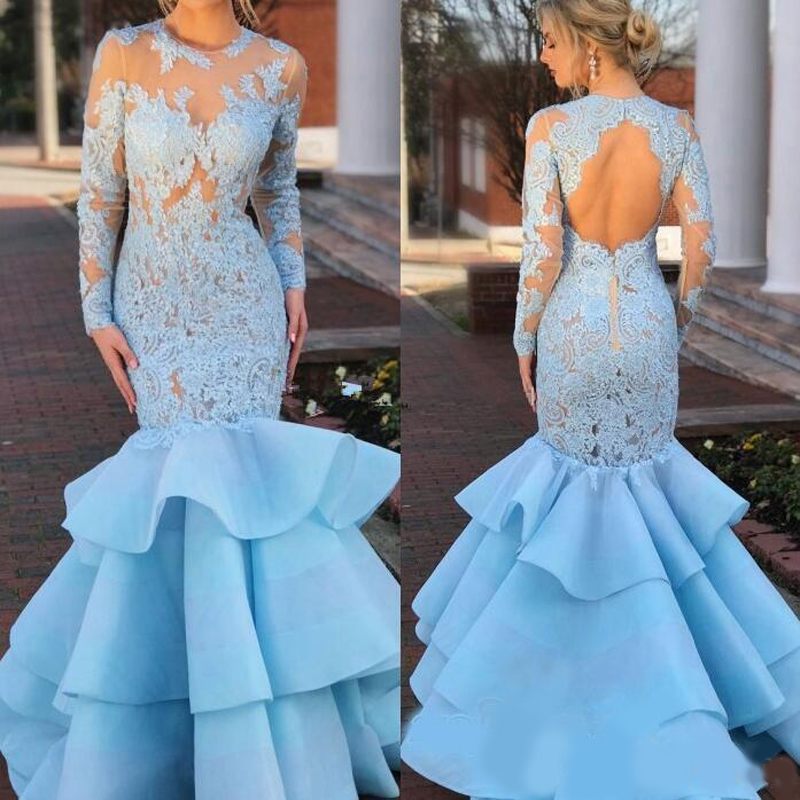 2020 Modest Lace Prom Dresses with Ruffles Skirt Long Sleeve Sheer Jewel Neck Open Back Mermaid Pageant Fishtail Sky Blue Evening Gowns