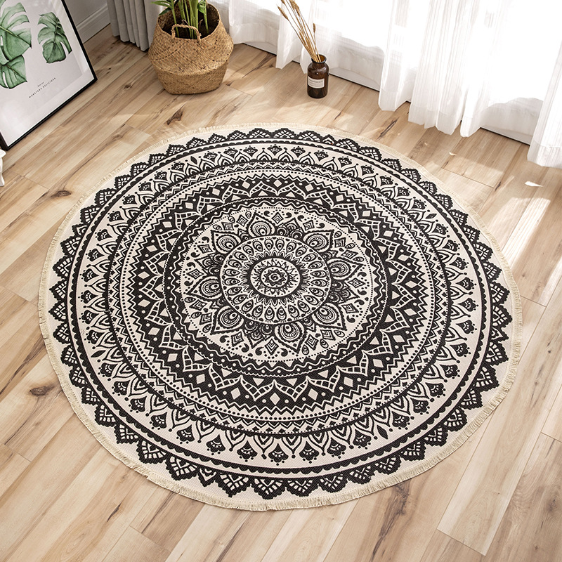 Mandala Retro Cotton Linen Round Carpet for Living Room Modern Bedroom Anti Slip Round Rugs With Tassel Floor Home Boho Carpet