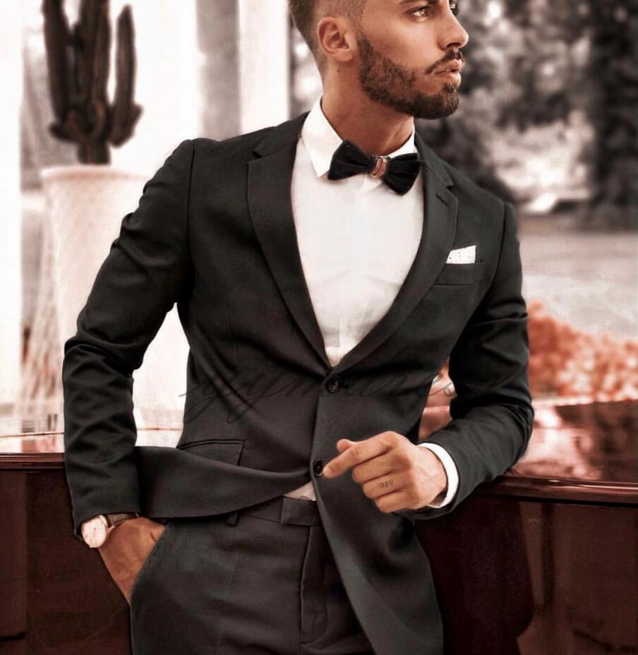 Black Wedding Suits Custom MadeTwo Button Groom Tuxedos Notched Lapel Business Suit Bridegroom (Jacket+Pants+Bow)