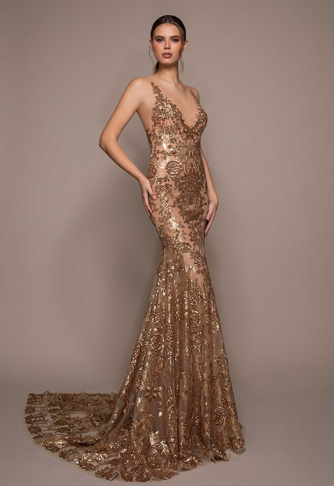Gorgeous Gold Mermaid Evening Dresses Lace Appliqued V Neck Sleeveless Robe De Soiree Backless Sexy Prom Gowns with Sequins