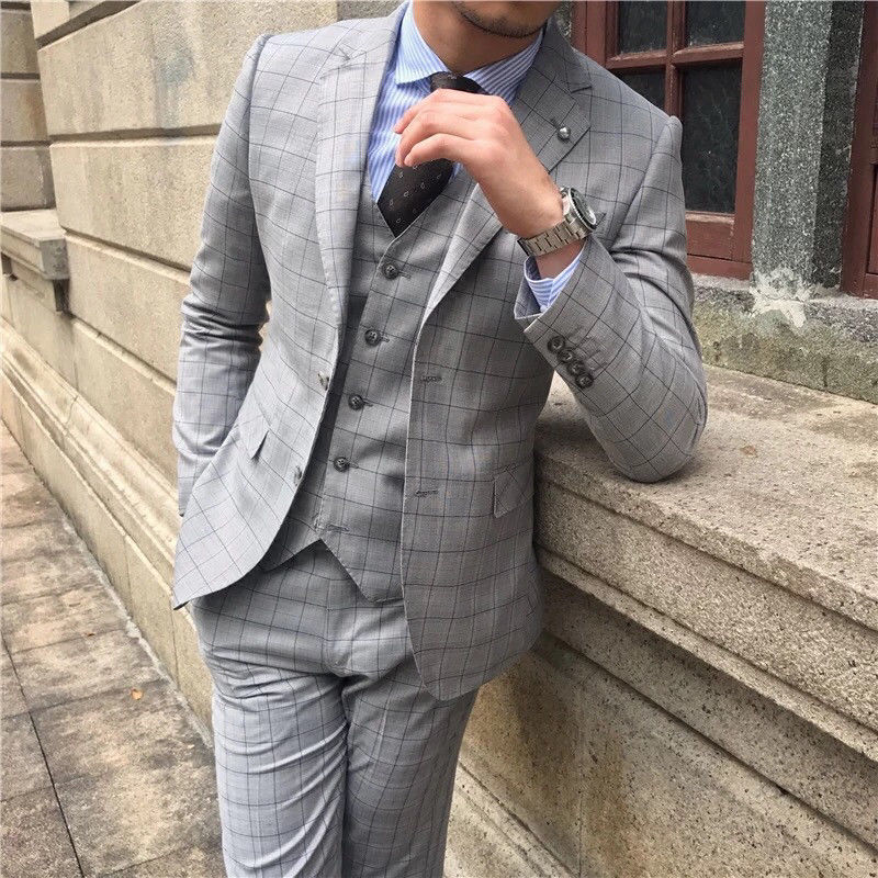 Mens Check Wedding Tuxedos 3 Pieces Two Button Notched Lapel Groom Wear Party Prom Best Men Blazer Suit(Jacket+Vest+Pants)