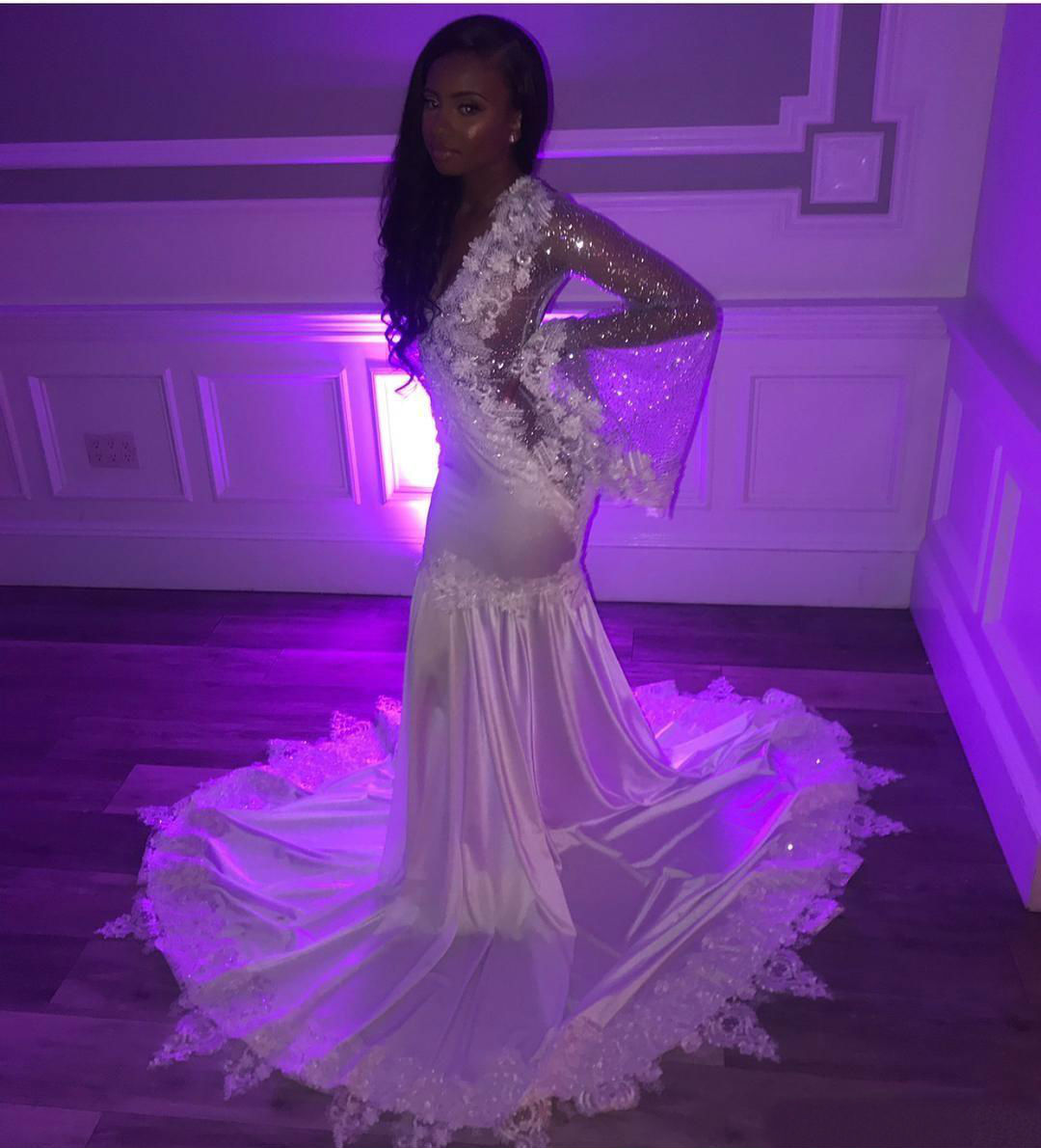 2019 African Mermaid Prom Dresses Lace V Neck 3D Floral Appliques Long Sleeve Evening Gowns Sequins Sweep Train Cocktail Party Dresses