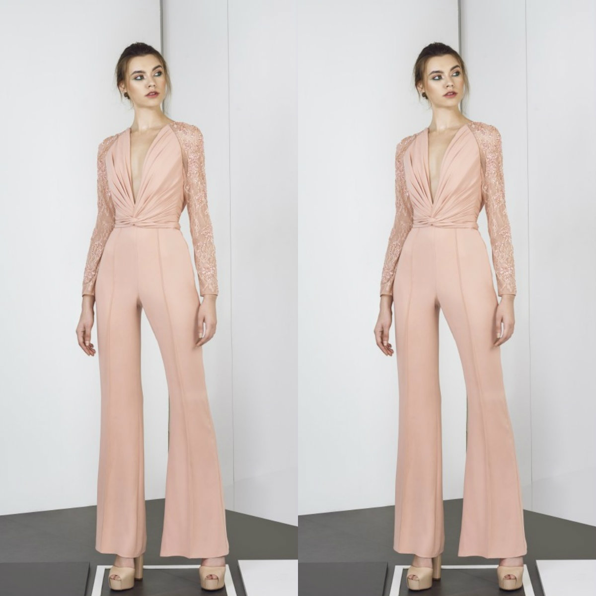 Tony Ward 2019 Jumpsuits Prom Dresses Long Sleeves Deep V Neck Lace Evening Gowns Ankle Length Cocktail Party Dresses Custom Made