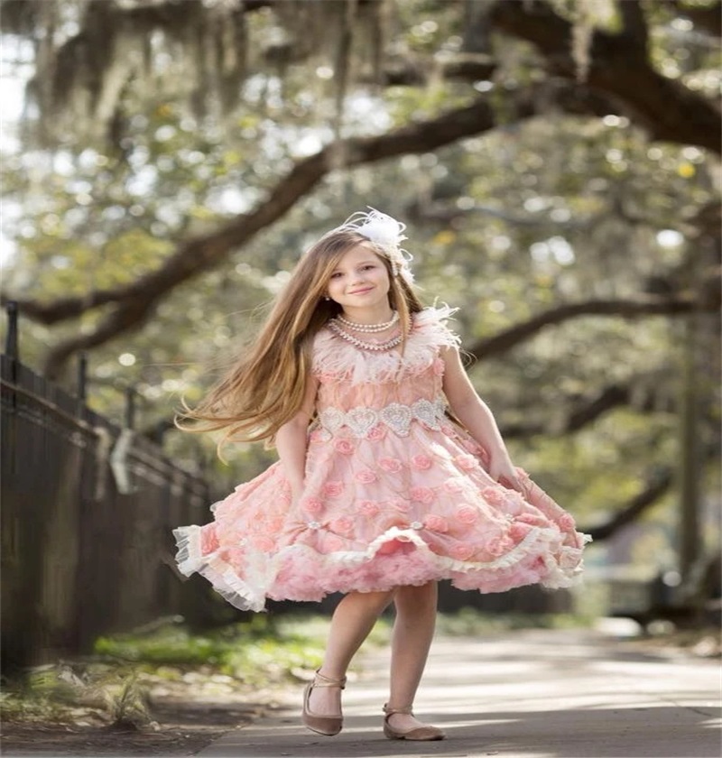 Newest Pink Flower Girls Dresses Lovely Jewel Beaded Feather Appliqued Lace Hand Made Flower Girls Pageant Dress Girls Knee-length Kids Wear