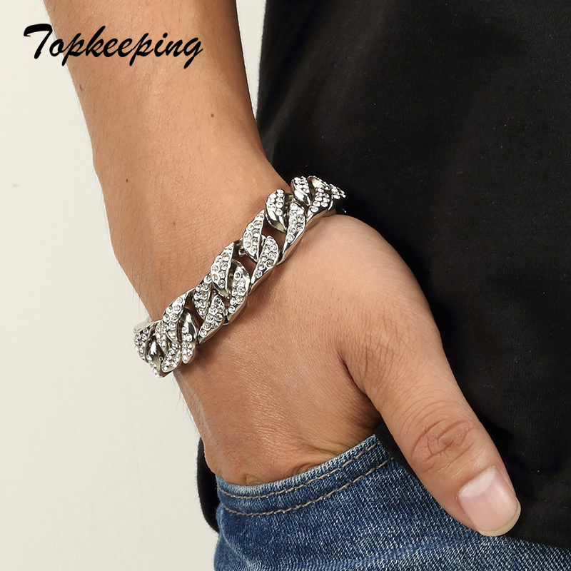 Mens Gold Color Iced Out Rhinestone Fashion Bracelets & Bangles Miami Cuban High Quality Link Chain Bracelet For Hip Hop C19021501