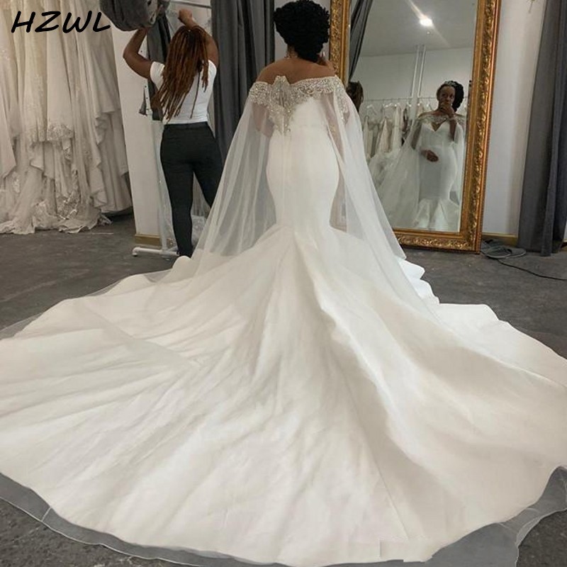 African Plus Size Wedding Dresses With Jacket/Wraps Satin Beading Sequins Mermaid Wedding Dress Back Zipepr long Train vestido de novia