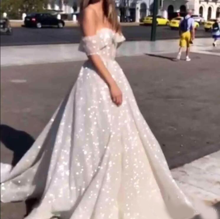 2020 Sparkly Sequined Tulle Arabic Wedding Dresses Glitter Glued Lace Off the Shoulder A Line Puffy Bride Gowns Engagement Chapel Train