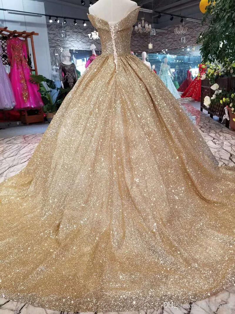 New Long Bling Gold Prom Dresses Sequins Ball Gown Quinceanera Dresses Off Shoulder Court Train Formal Evening Wear Dress Lace Up Back