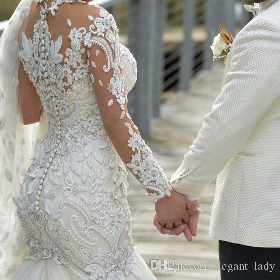 Azzaria Haute Plus Size Illusion Long Sleeve Mermaid Wedding Dresses Nigeria High Neck Full back Dubai Arabic Castle Wedding Gown