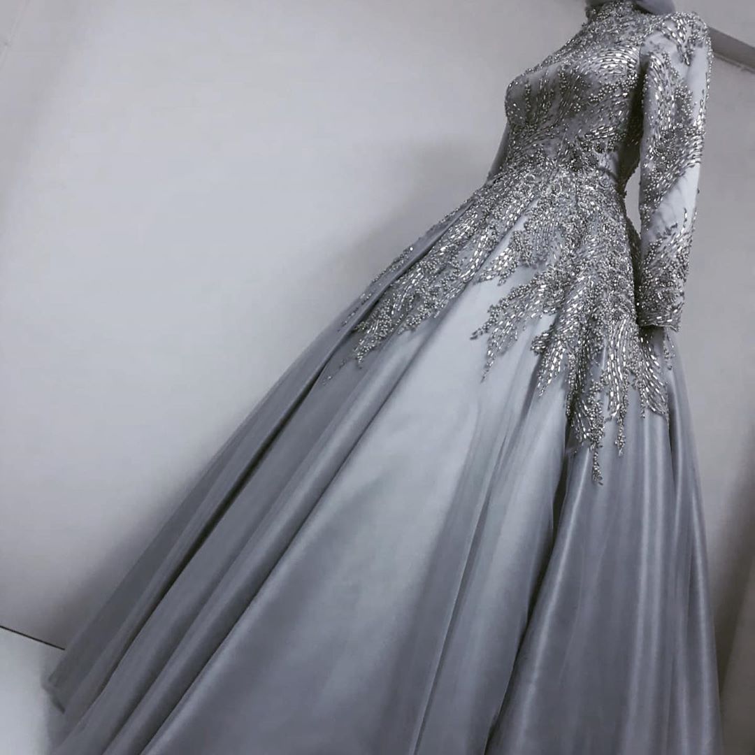 muslim ceremonial wedding attire sophisticated long sleeve lace embellished bridal ensemble in luxe grey color code zj355