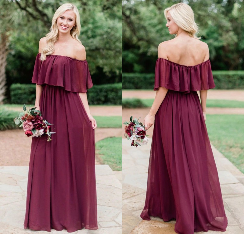 Elegant Country Burgundy Chiffon Bridesmaid Dresses Modest Off the shoulder Beach Plus Size Junior Maid of Honor Wedding Guest Gowns
