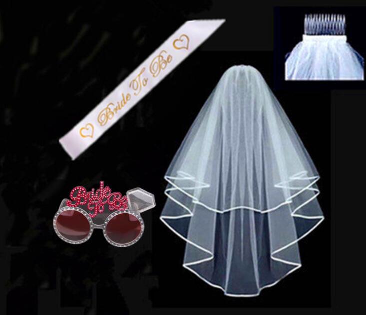 Bride to Be Sash White Bridal Wedding Veil Bride To Be Satin Sash Bachelorette Party girls Hen Party Bridal Shower Kit Decoration Supplies